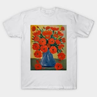 vintage look painting of poppies in A blue vase. T-Shirt